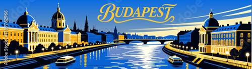 Budapest skyline illustration in blue and yellow