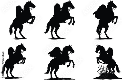 Horse and Rider Silhouettes Rearing with Capes, Dramatic Poses, Spiked Fence Element, Adventure Theme, Historical Fantasy, Black Figures, Motion, Equipment
