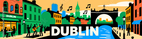 Colorful Dublin cityscape illustration with musicians