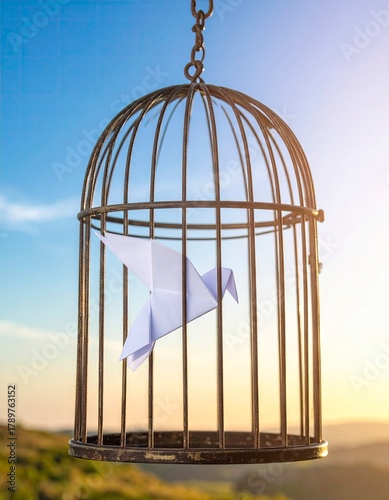 Paper Bird in Cage - Symbol of Freedom and Hope.