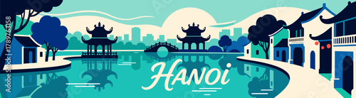 Hanoi cityscape illustration with blue and teal tones