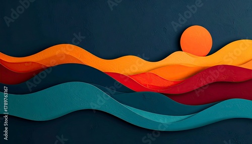 Paper Cut Landscape - Sunset Over Wavy Hills and Water.