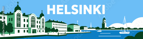 Helsinki cityscape illustration on blue and white background