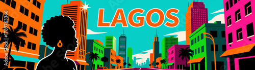 Colorful silhouette skyline of Lagos on textured background