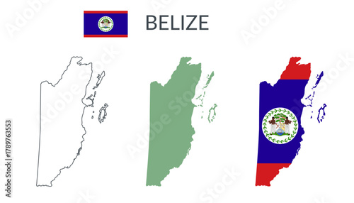 Belize geographical borders isolated on white background. Flag of Belize. Vector flat cliparts.