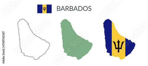 Barbados republic geographical borders isolated on white background. Flag of Barbados. Vector flat cliparts.