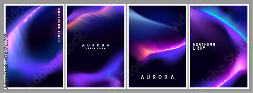 Vertical posters with aurora borealis on dark background and space for text. Vector realistic illustration of northern lights in night sky, blurred neon blue, pink, turquoise gradient, magic nature