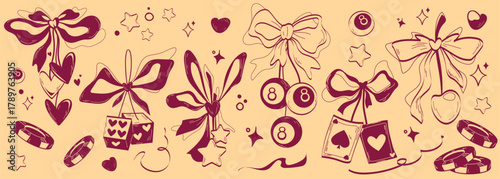 Cute cherry with coquette ribbon bows and casino motifs in vintage style - poker chips, playing cards, hearts and eight ball on beige. Retro gambling decorative elements for feminine design projects.