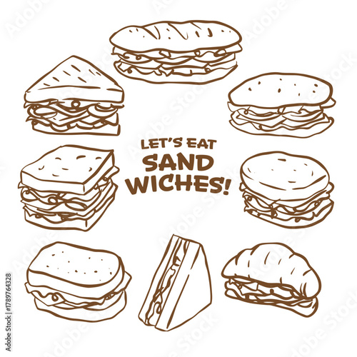 Let's eat sandwiches! various kind of rough sketch hand drawn sandwiches outline drawing illustration