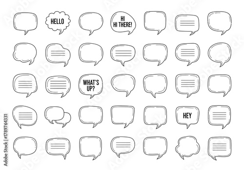 Collection of Hand-Drawn Speech Bubbles with Various Shapes and Text.