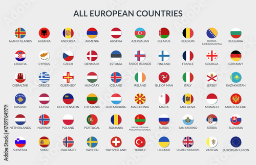 Flags of all European countries. Set of vector cliparts isolated on white background.	
