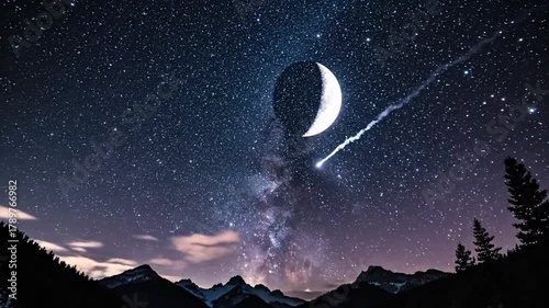 A breathtaking night sky with a crescent moon, a shooting star, and the Milky Way over a mountain range.