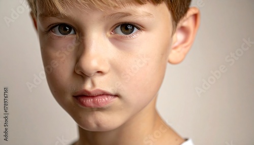 A young boy with a serious expression gazes intently at the camera.