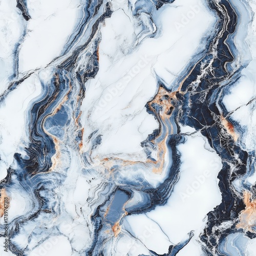 Intricate marble pattern in shades of white, blue, and gold. Seamless pattern.