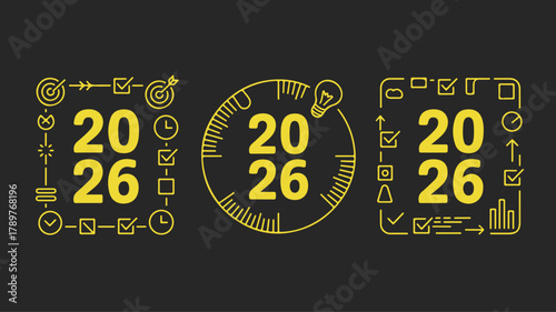 Three 2026 new year frames in yellow color the first frame is a square with icons around the numbers the second frame is a circle with a light bulb on top the third frame is a square with icons
