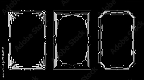 Set of three futuristic frames with intricate circuit board designs, perfect for adding a hightech touch to your projects ideal for posters and digital art