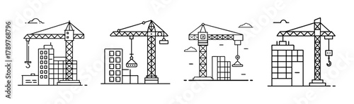 Four outline line vector icons of construction site and crane work