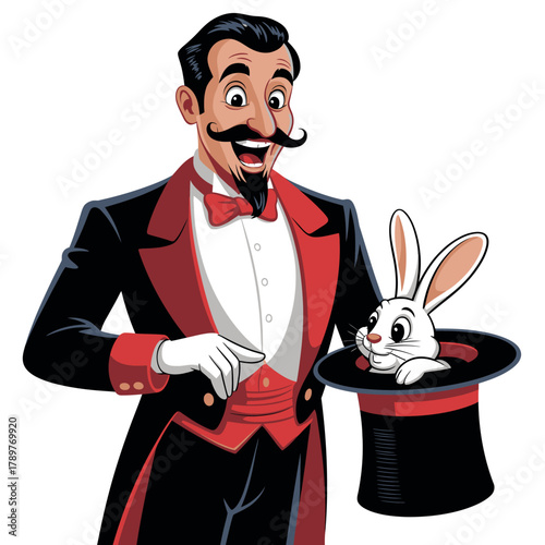 Magician in tuxedo pulling rabbit out of top hat