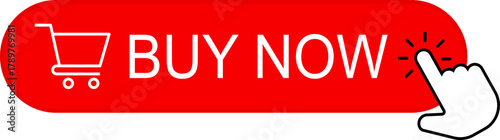 Shopping Cart Buy Now Button. Click Here Button. Buy now red button with hand cursor. Button hand pointer clicking. Click here banner. Online shopping. 