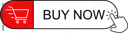 Shopping Cart Buy Now Button. Click Here Button. Buy now red button with hand cursor. Button hand pointer clicking. Click here banner. Online shopping. 