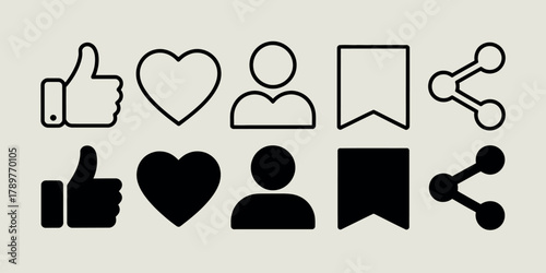 Collection of social media icons including like heart user and share symbols