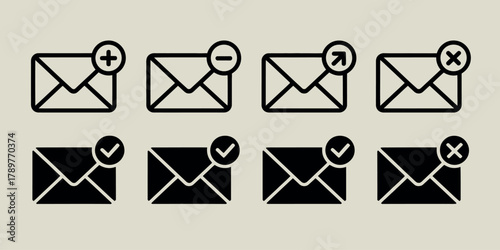Set of eight email icons with various notification symbols