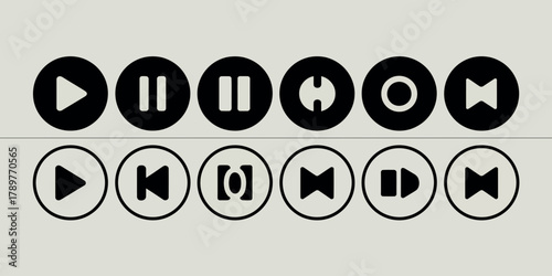 Set of black and white music player control icons on a light background