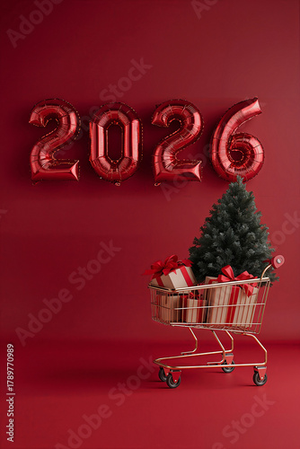 Cart with gifts and a Christmas tree on a red background with balls in the shape of numbers 2026