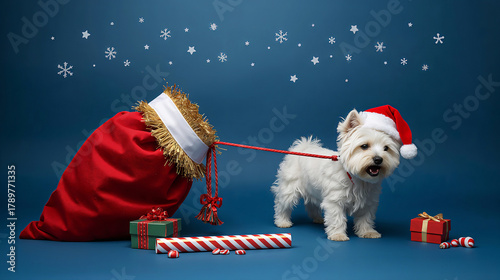 Small white dog in a New Year's hat near a bag of gifts on a blue background