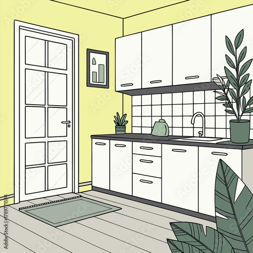 Scandinavian Kitchen Interior with White Cabinets and Sage Green Plants – Minimal Vector Illustration