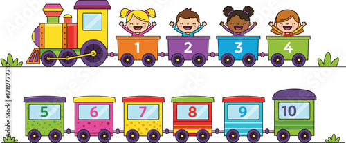 Cartoon train with numbers, educational children illustration, colorful cars, learning numbers, cheerful kids, playful design, preschool education, counting fun