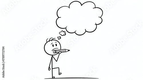 Stick figure holding pencil in mouth, thinking with empty thought bubble
