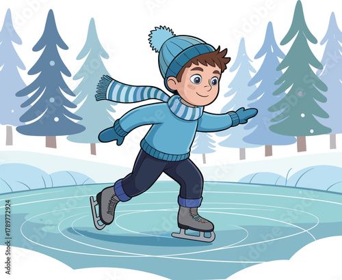 Child ice skating on frozen pond, winter outdoor activity, snowy forest background, seasonal recreation, joyful play, holiday fun, nature beauty