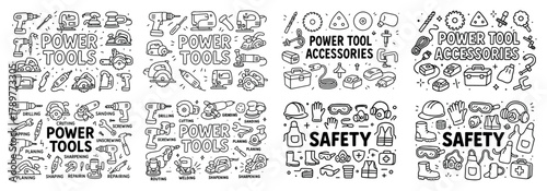 Power tool safety and accessories line art collection