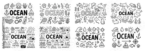 Ocean doodle illustrations with marine life themes