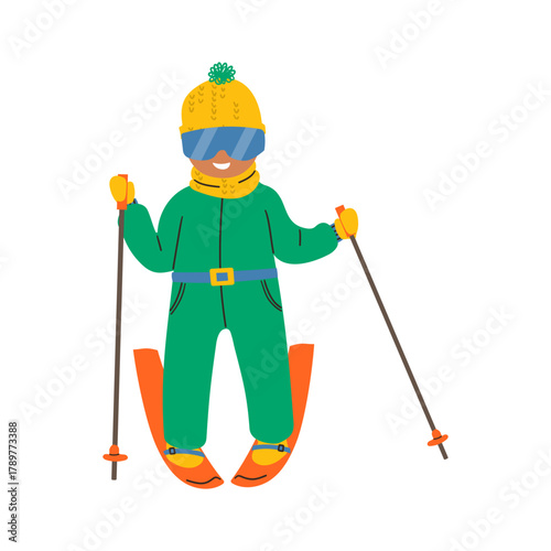 Young people Skiing on Mountains Resort. Child l Riding Downhills by Skis, Wintertime Fun and Leisure Time. Winter Sports Activity and Spare Time. Character Active Lifestyle Cartoon Vector  