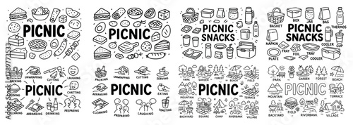 Hand-drawn picnic illustrations with snacks and settings