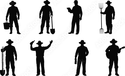 Farmer silhouettes with tools, rural workers, agriculture life, bucket, shovel, pitchfork, guitar, bottle, clipboard, outdoor labor, countryside activity