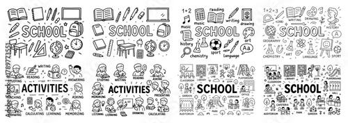 School activities and subjects black and white doodles
