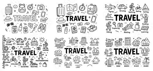 Travel icons: adventure, exploring, vacation, journey