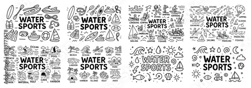 Water sports doodle set: swimming, sailing, diving