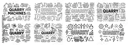 Quarry machines and equipment icons set