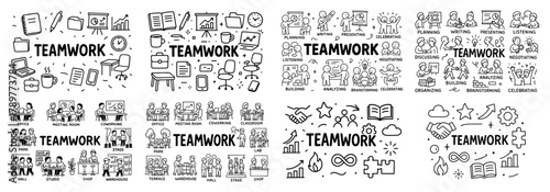 Teamwork doodle illustrations on collaboration themes