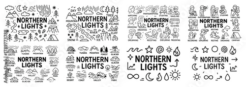 Northern lights doodle art with outdoor themes