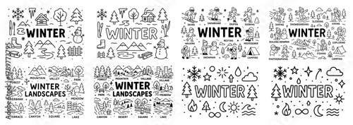 Winter outdoor activities and landscapes doodles