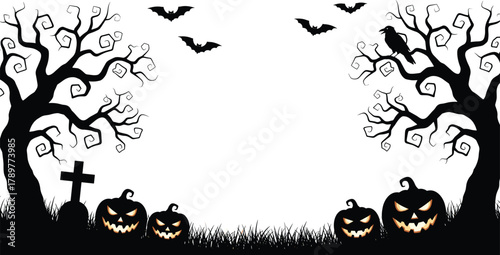 Halloween spooky landscape with pumpkins, bats, crow, gravestone, eerie trees, haunted night scene, horror theme, festive design, dark atmosphere