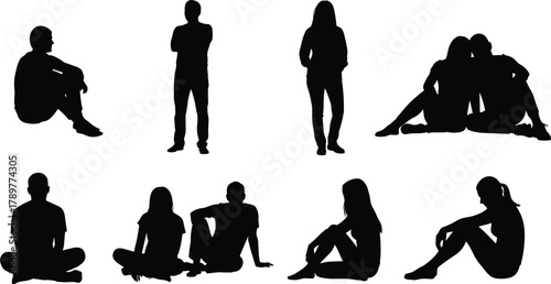 Human silhouette poses, seated and standing figures, body language, posture study, artistic reference, minimal design, black vector art