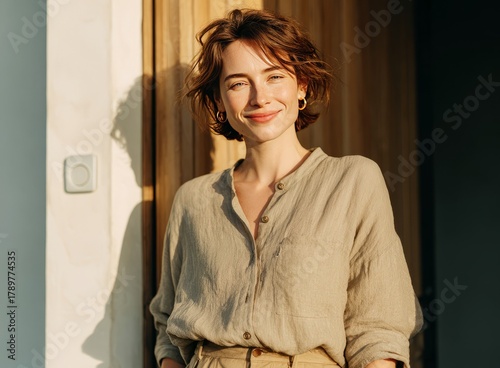 Smiling woman enjoying warm sunlight portrait at home
