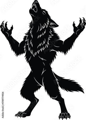 Werewolf silhouette howling, mythical creature, folklore monster, horror theme, supernatural beast, fantasy illustration, night predator, scary animal, Halloween design