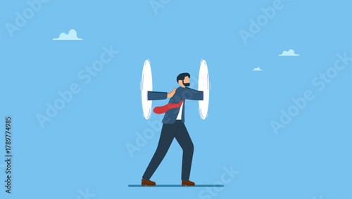 Inspired businessman keep pushing himself to go forward and improve to success. Ambition and motivation to keep pushing yourself to overcome difficulty, encouragement, attitude to be success.